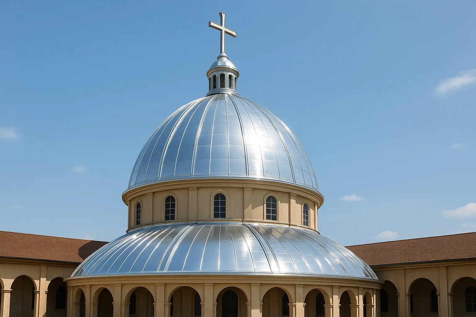 After: completed church dome aluminum roofing with finished panel alignment and sealed joints